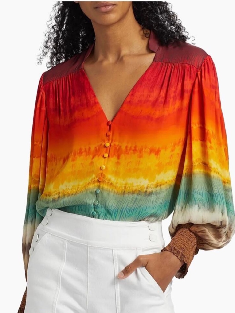 NWT Alice + Olivia Serena Rainbow Tie dye Peasant Top Blouson Boho Colorful Sz L - Picture 6 of 14